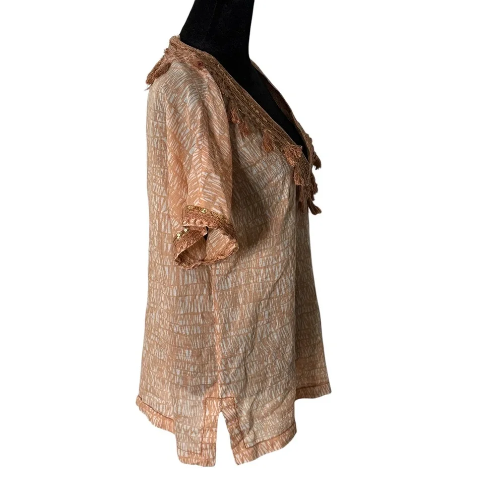 J. Crew Fringe Beaded V Neck Tunic Top Sea Grass Sequin Size 8 Resort Beach BOHO